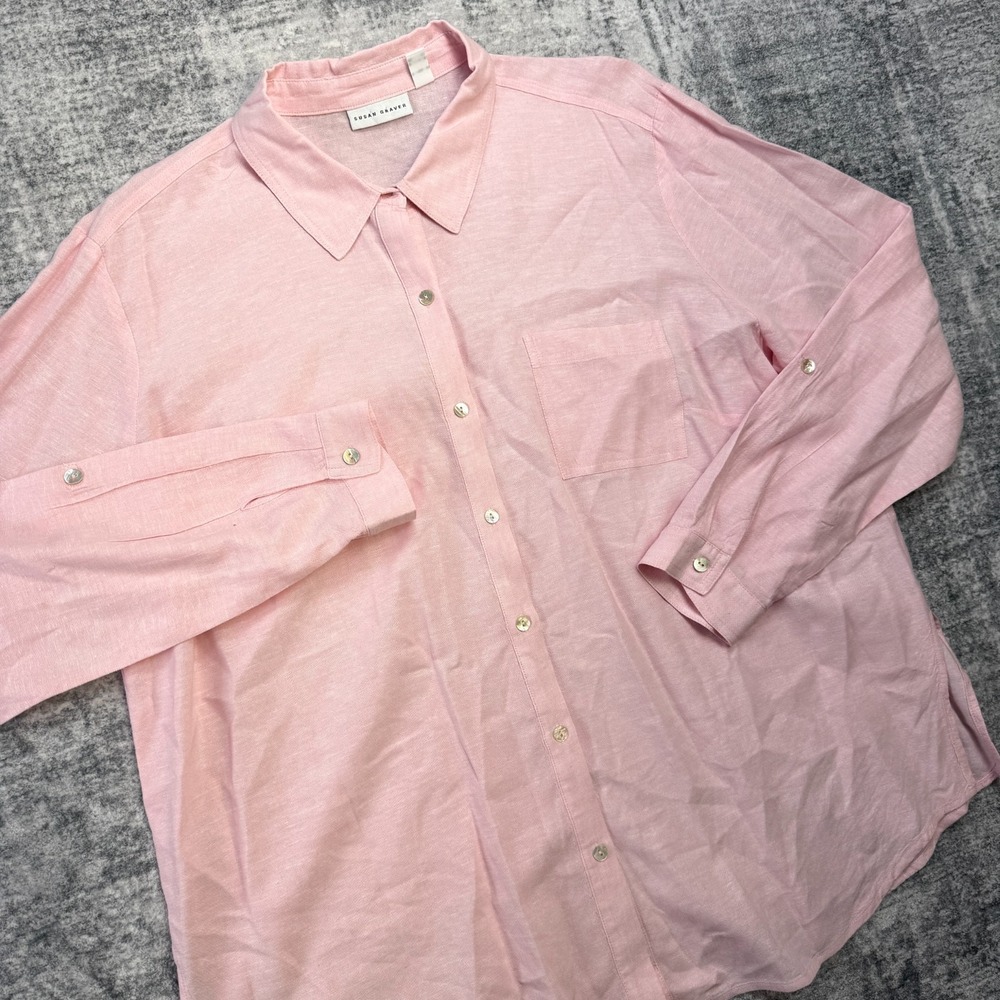 Susan Graver Top Women XL Pink Linen Tunic Button Up Roll Tab Beach Coastal Prep